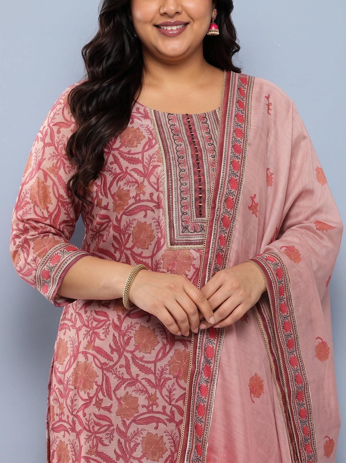 Plus Size Mauve Yoke Design Silk Blend Straight Kurta With Trousers & Dupatta
