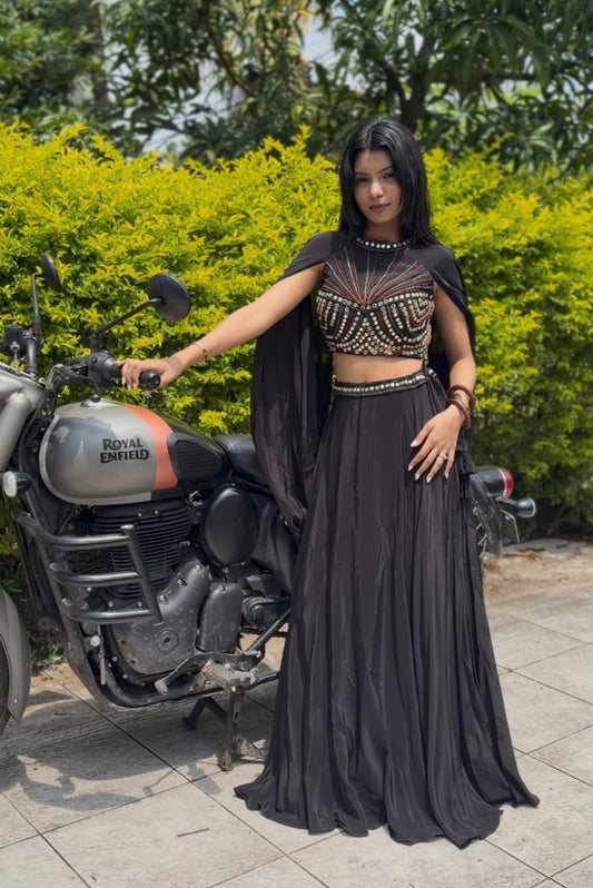 Black Embellished Cape & Skirt Set