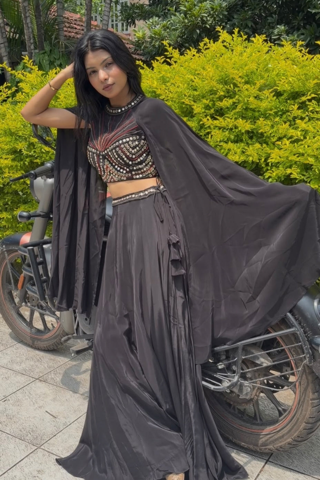 Black Embellished Cape & Skirt Set