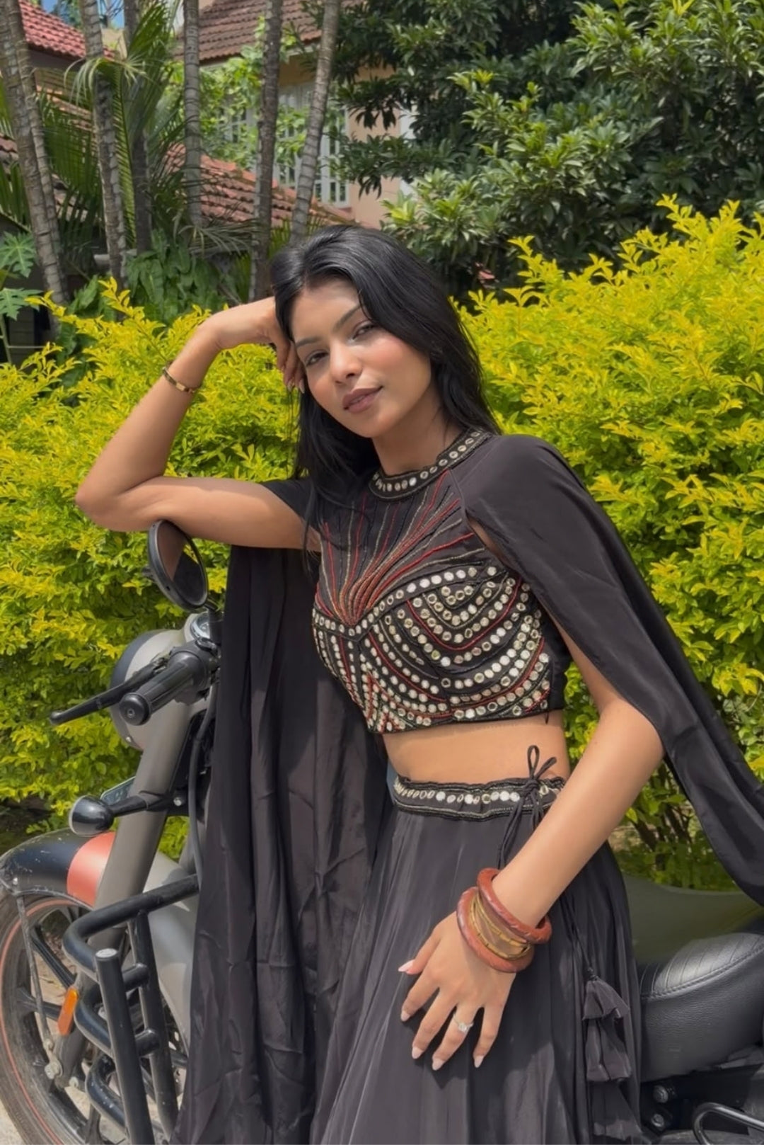 Black Embellished Cape & Skirt Set