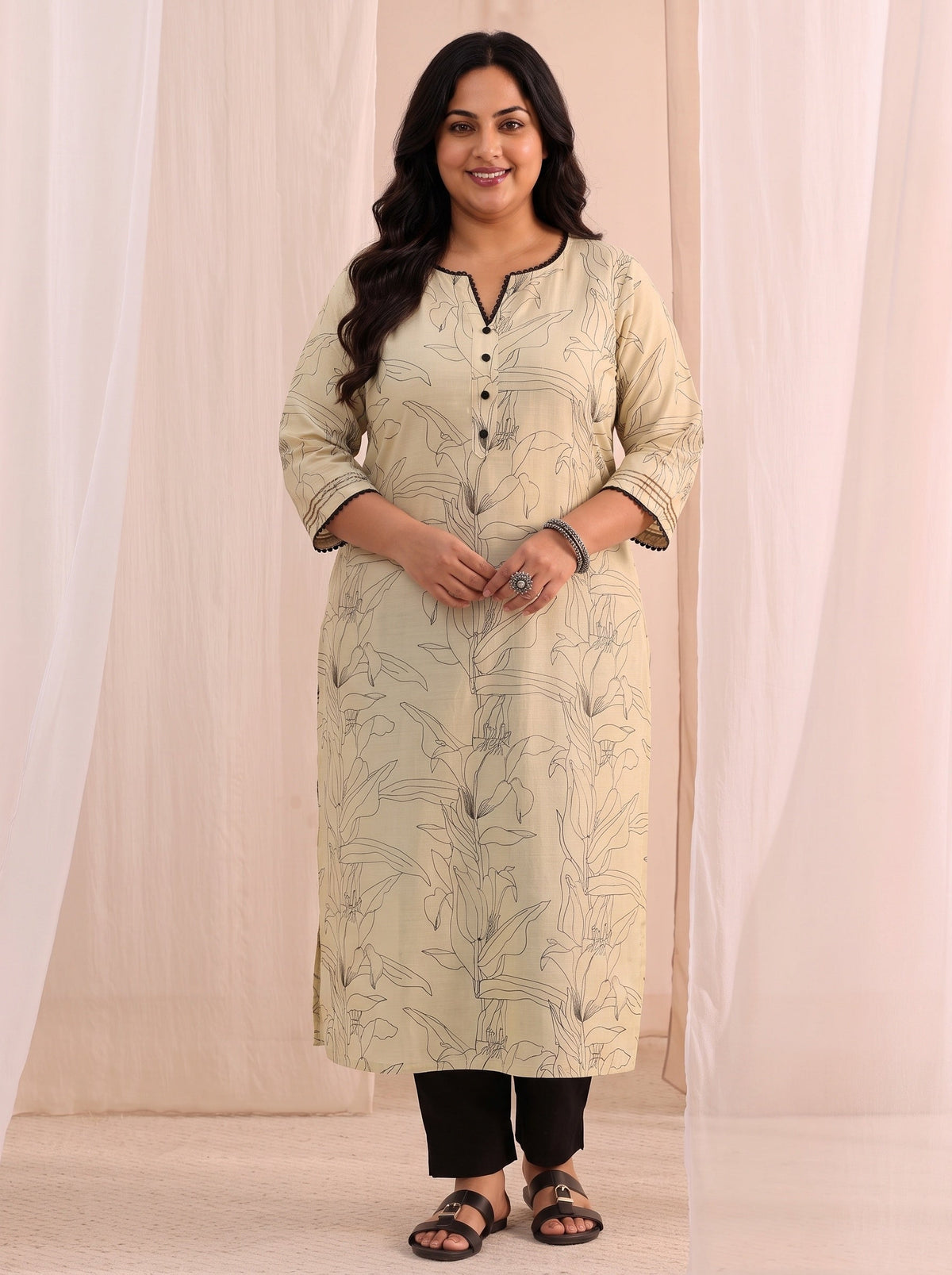 Plus Size Off White Floral Printed Silk Blend Straight Kurta
