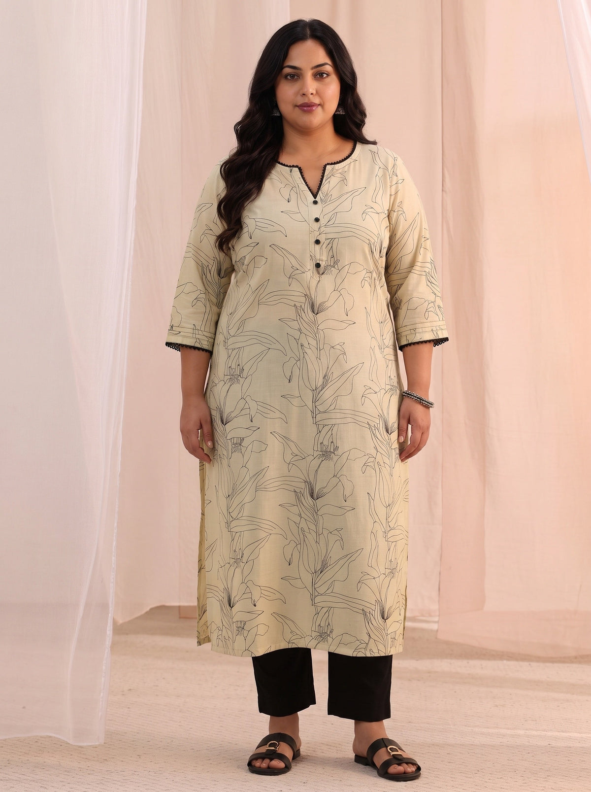 Plus Size Off White Floral Printed Silk Blend Straight Kurta