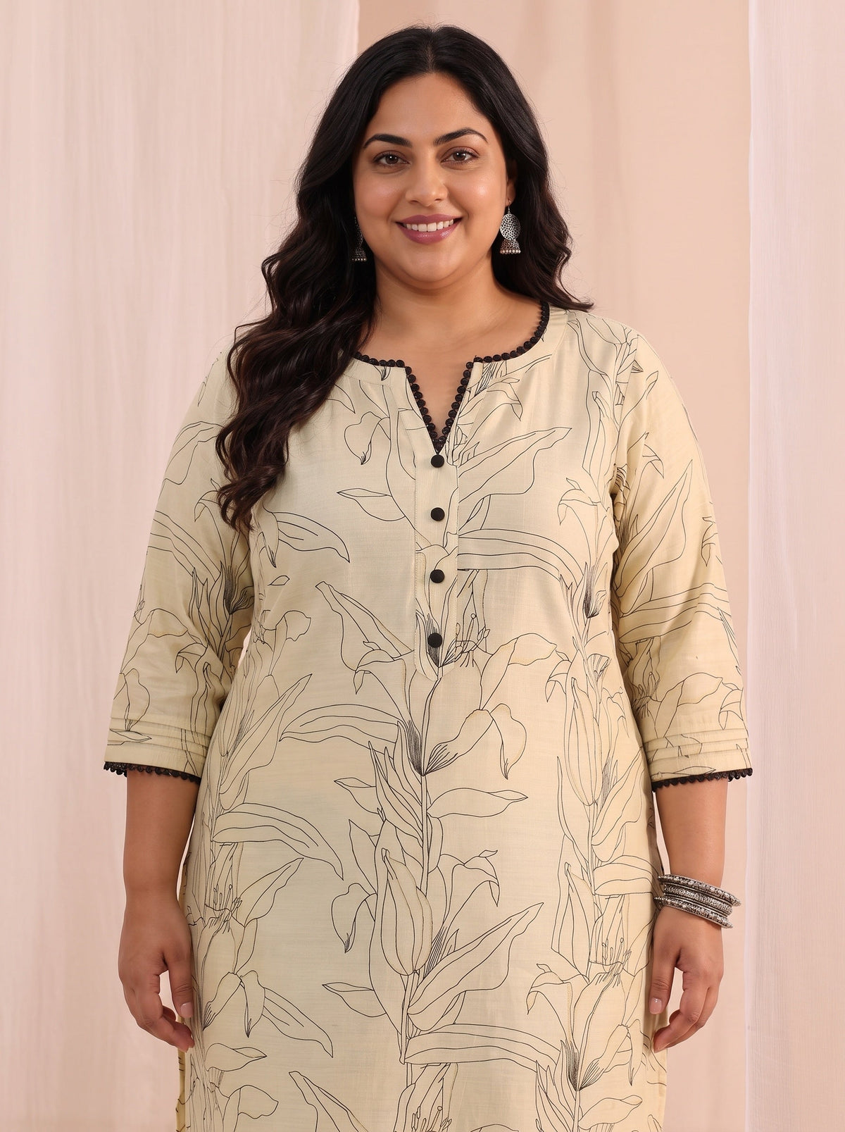 Plus Size Off White Floral Printed Silk Blend Straight Kurta