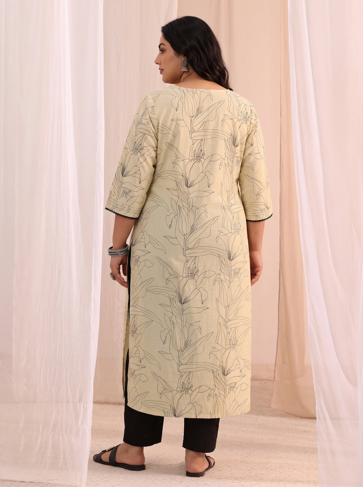 Plus Size Off White Floral Printed Silk Blend Straight Kurta