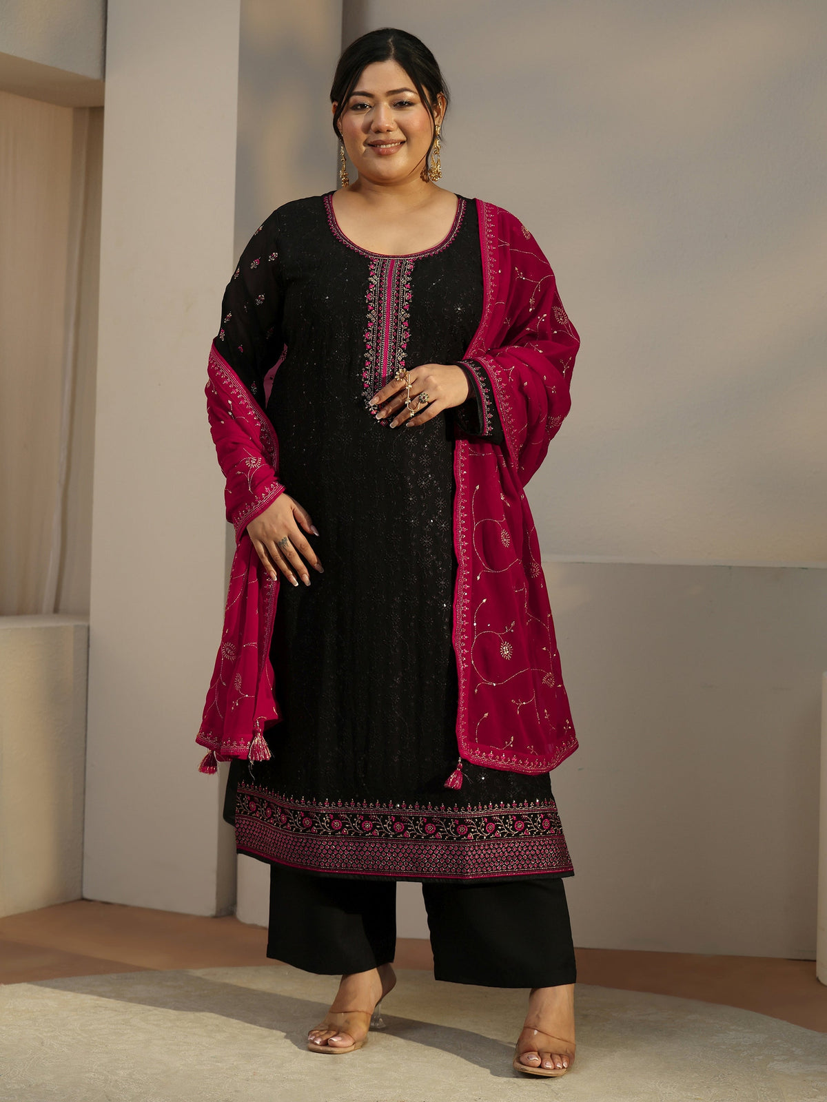 Plus Size Black Embroidered Georgette Straight Suit With Dupatta