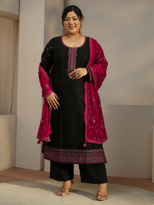 Plus Size Black Embroidered Georgette Straight Suit With Dupatta