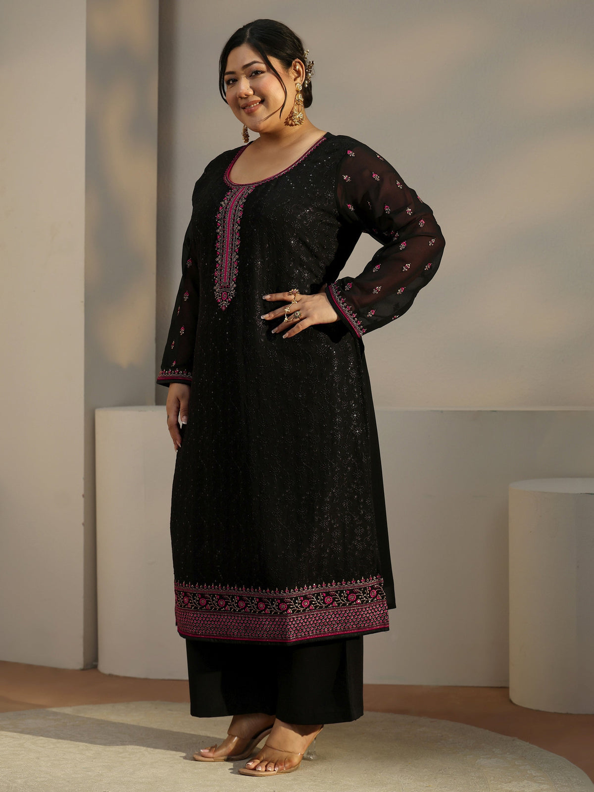 Plus Size Black Embroidered Georgette Straight Suit With Dupatta