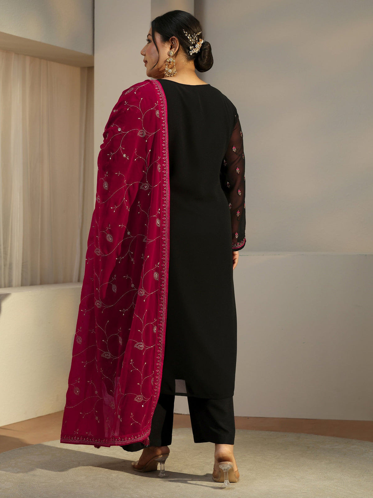 Plus Size Black Embroidered Georgette Straight Suit With Dupatta