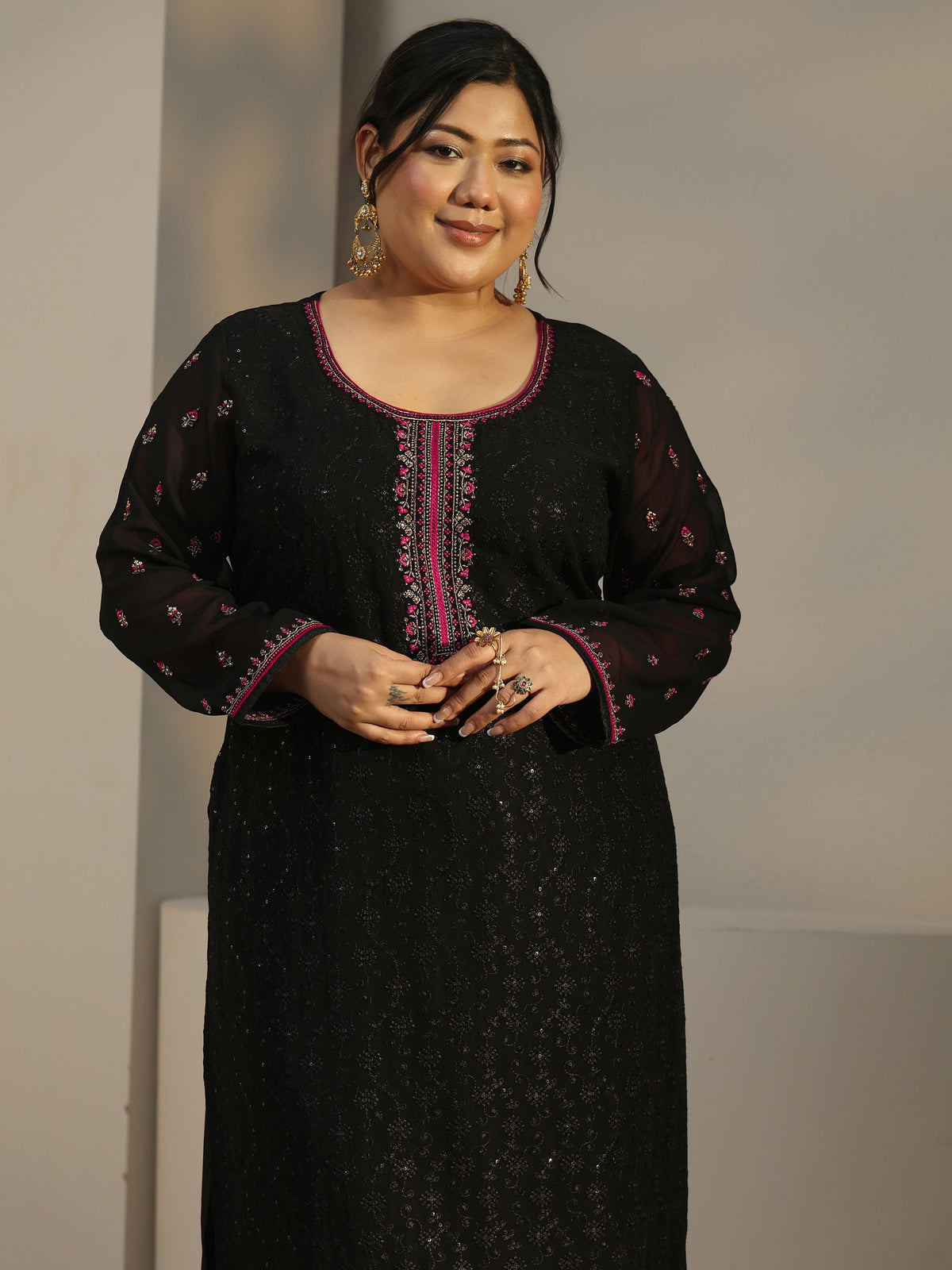 Plus Size Black Embroidered Georgette Straight Suit With Dupatta