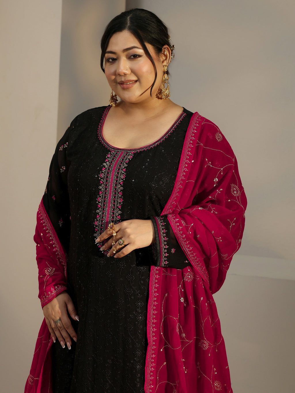 Plus Size Black Embroidered Georgette Straight Suit With Dupatta