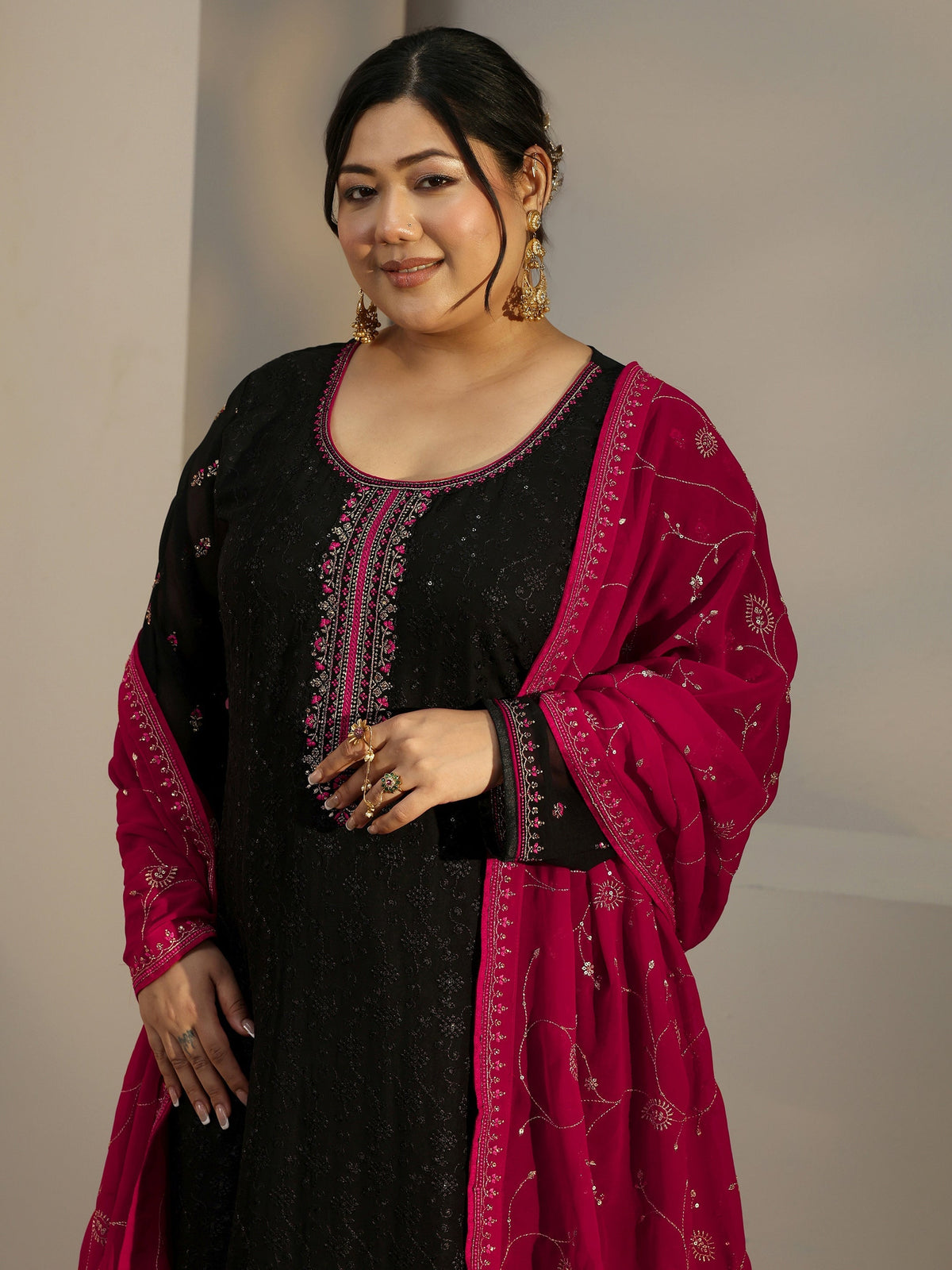 Plus Size Black Embroidered Georgette Straight Suit With Dupatta