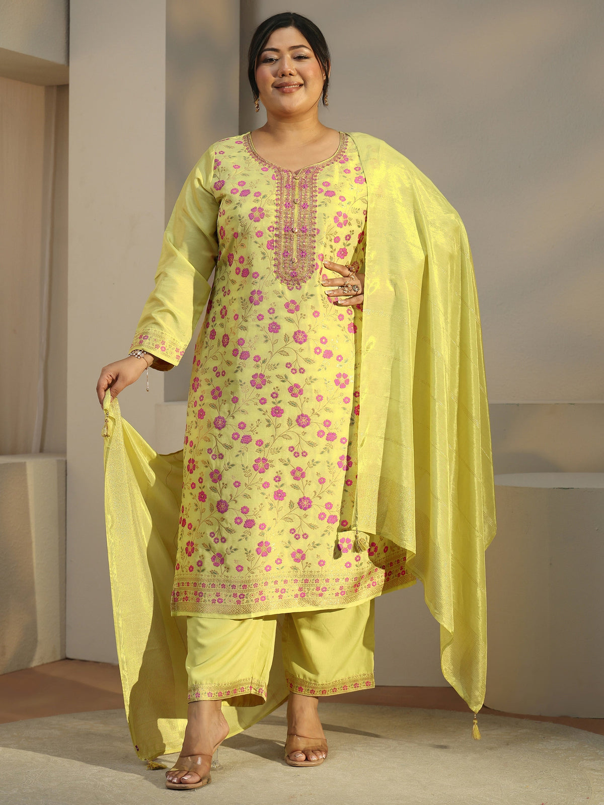 Plus Size Green Woven Design Silk Blend Straight Suit With Dupatta