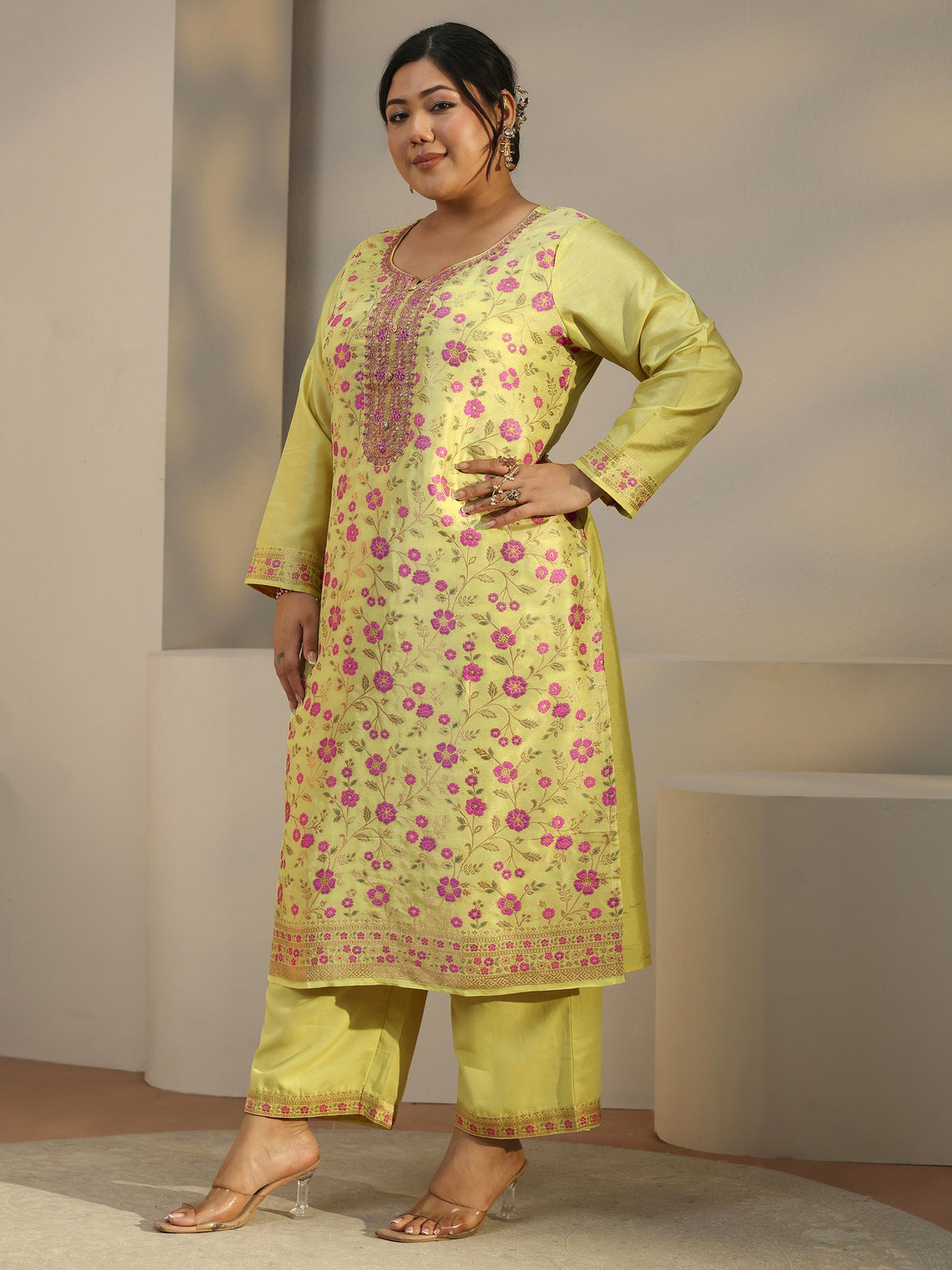 Plus Size Green Woven Design Silk Blend Straight Suit With Dupatta
