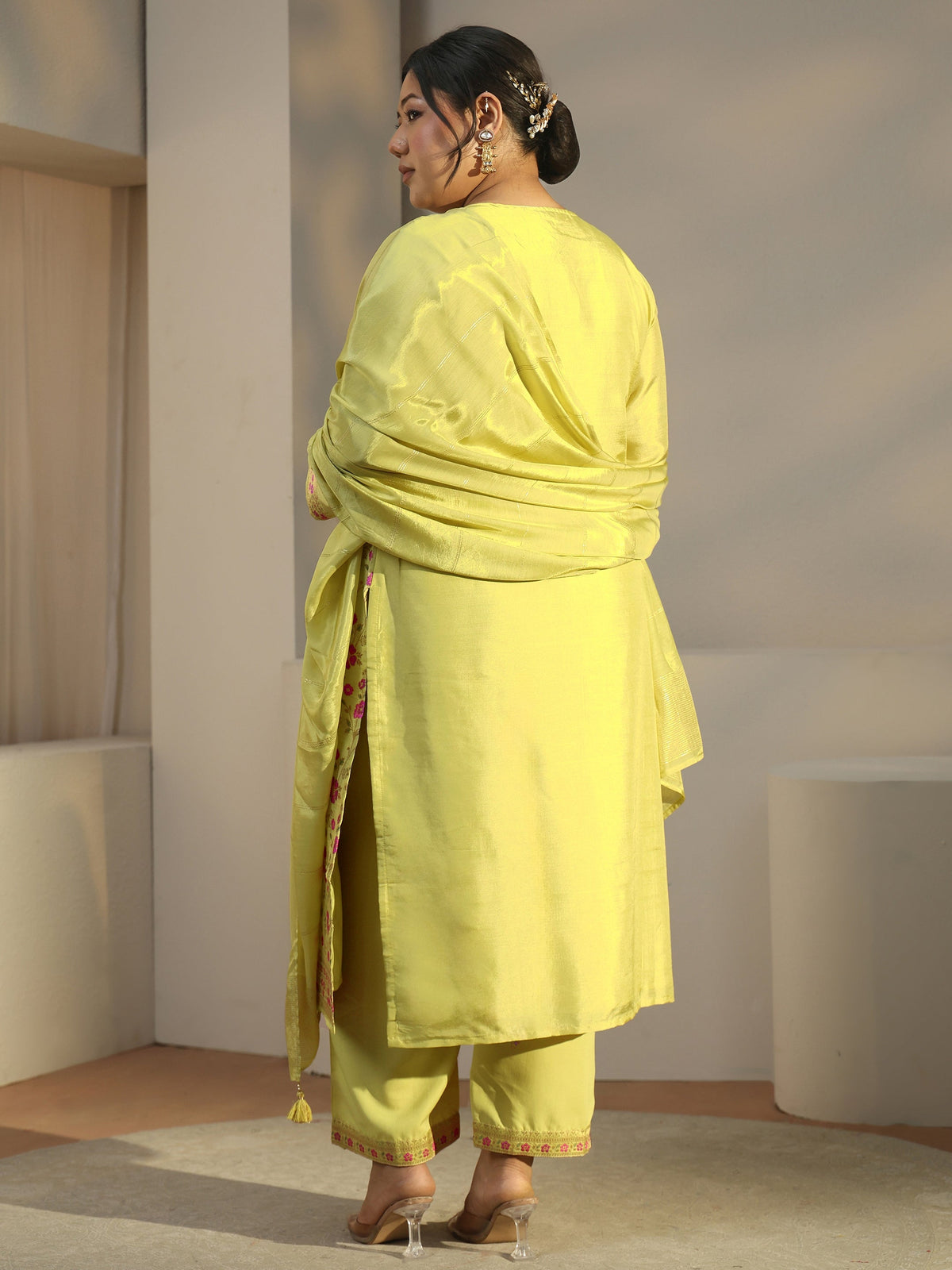 Plus Size Green Woven Design Silk Blend Straight Suit With Dupatta