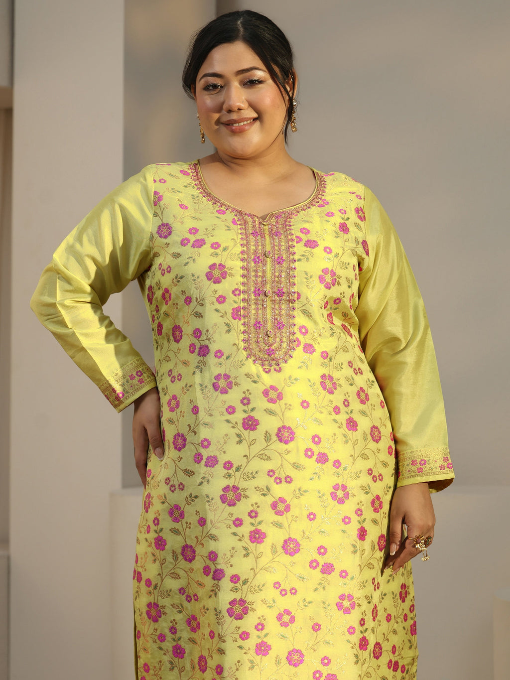 Plus Size Green Woven Design Silk Blend Straight Suit With Dupatta