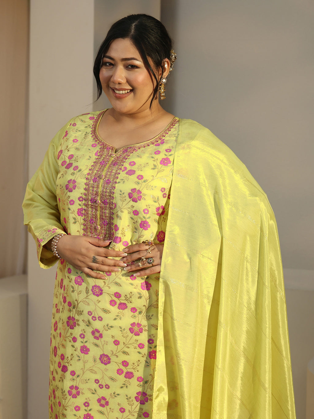 Plus Size Green Woven Design Silk Blend Straight Suit With Dupatta