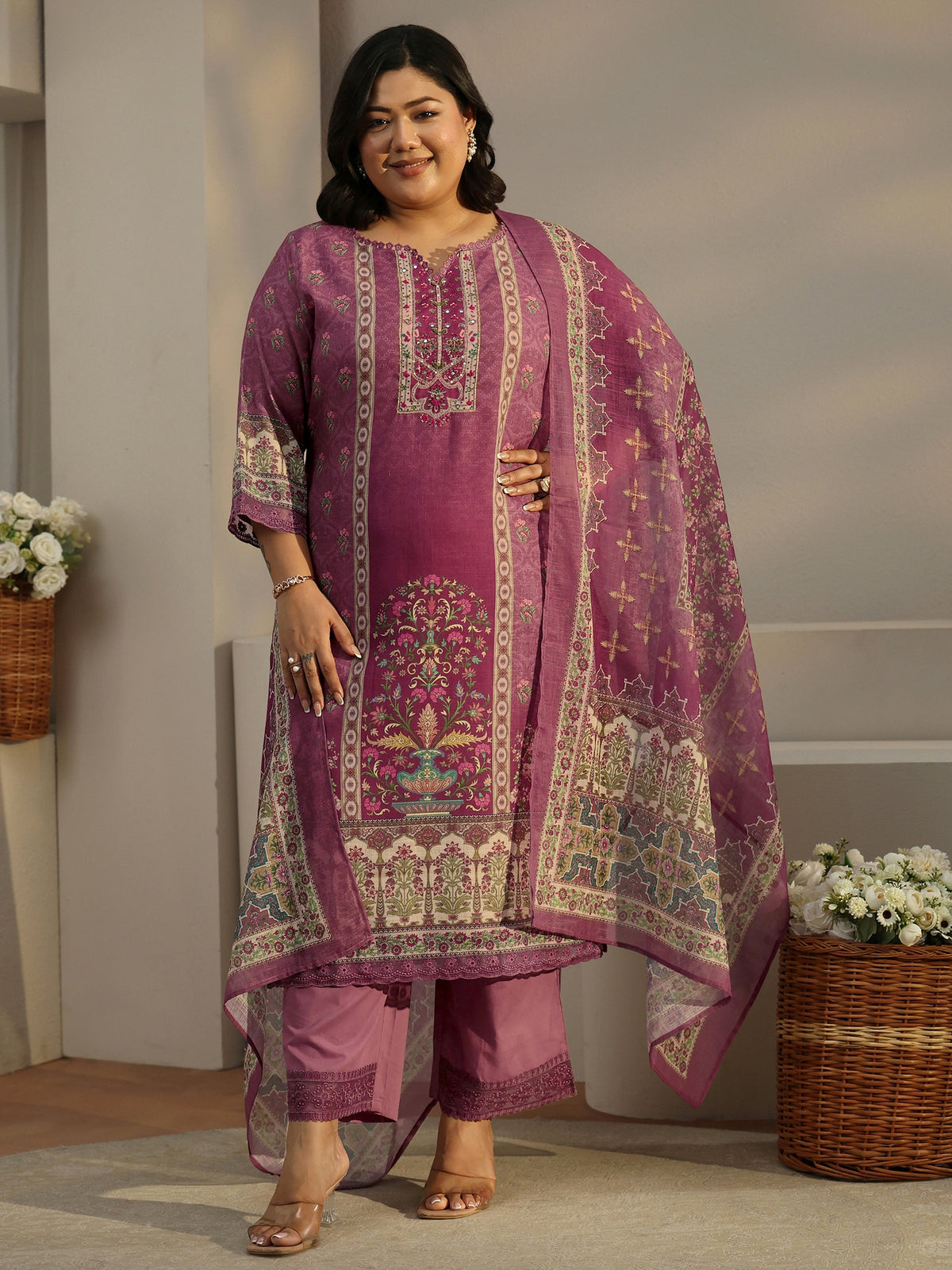 Plus Size Mauve Printed Cotton Blend Straight Suit With Dupatta