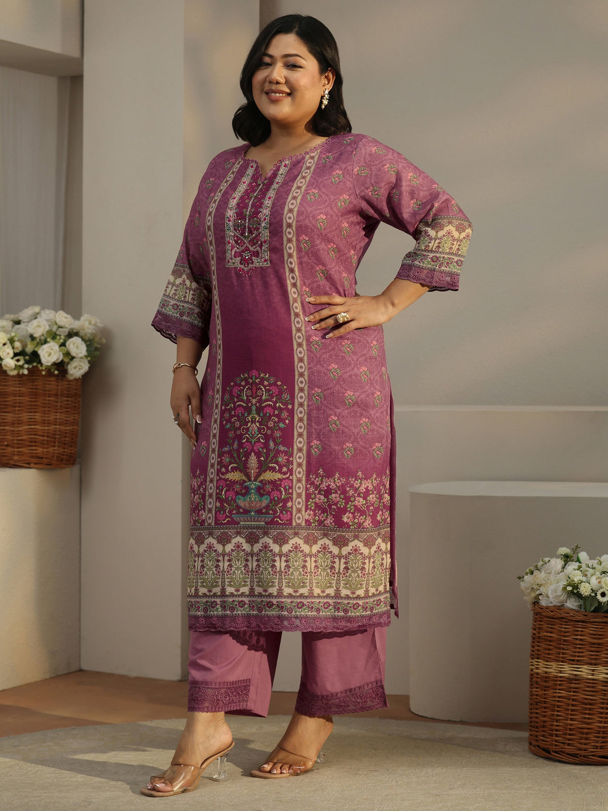 Plus Size Mauve Printed Cotton Blend Straight Suit With Dupatta