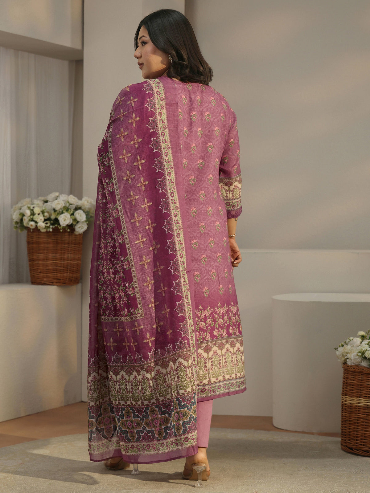 Plus Size Mauve Printed Cotton Blend Straight Suit With Dupatta