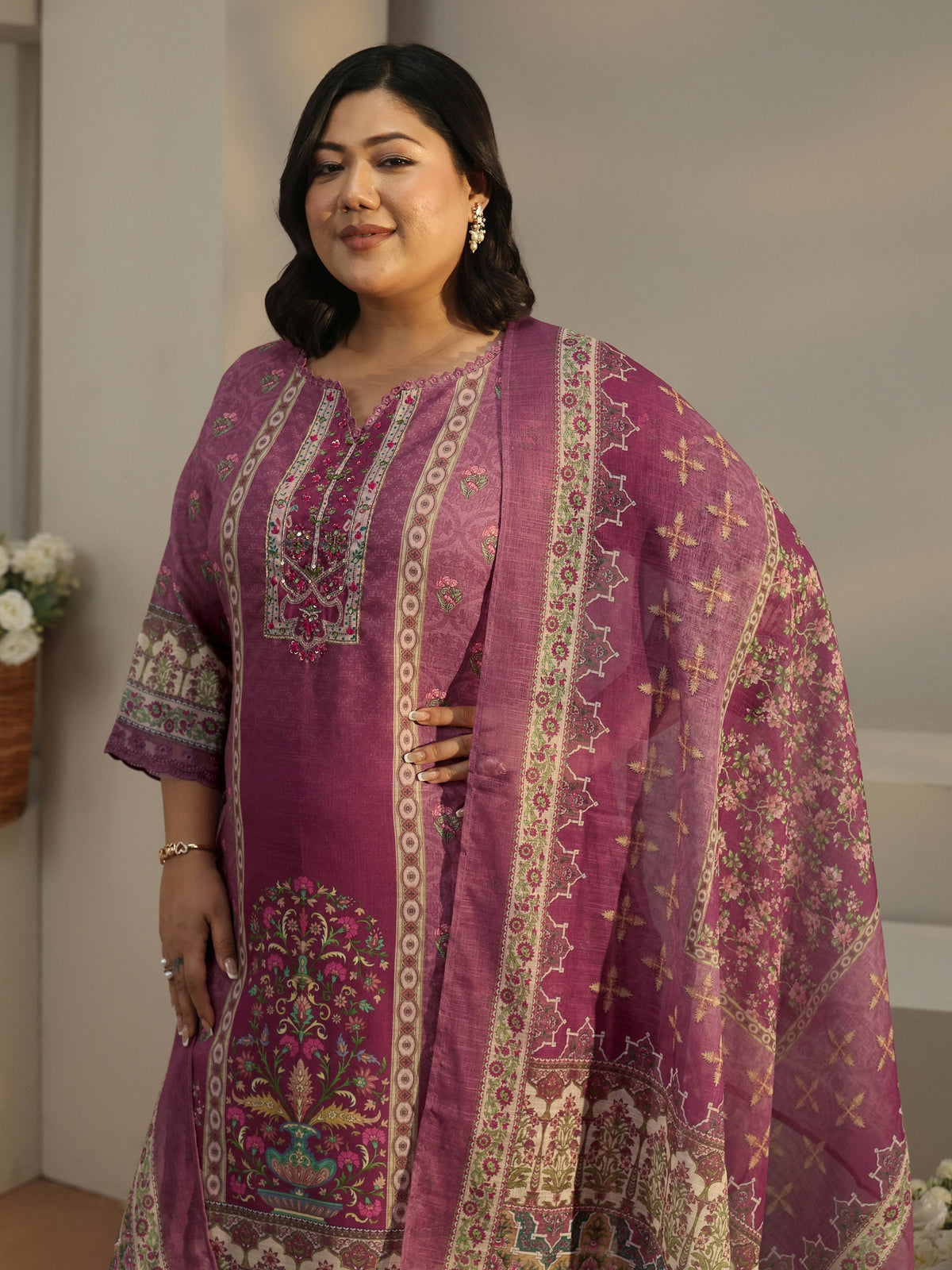 Plus Size Mauve Printed Cotton Blend Straight Suit With Dupatta