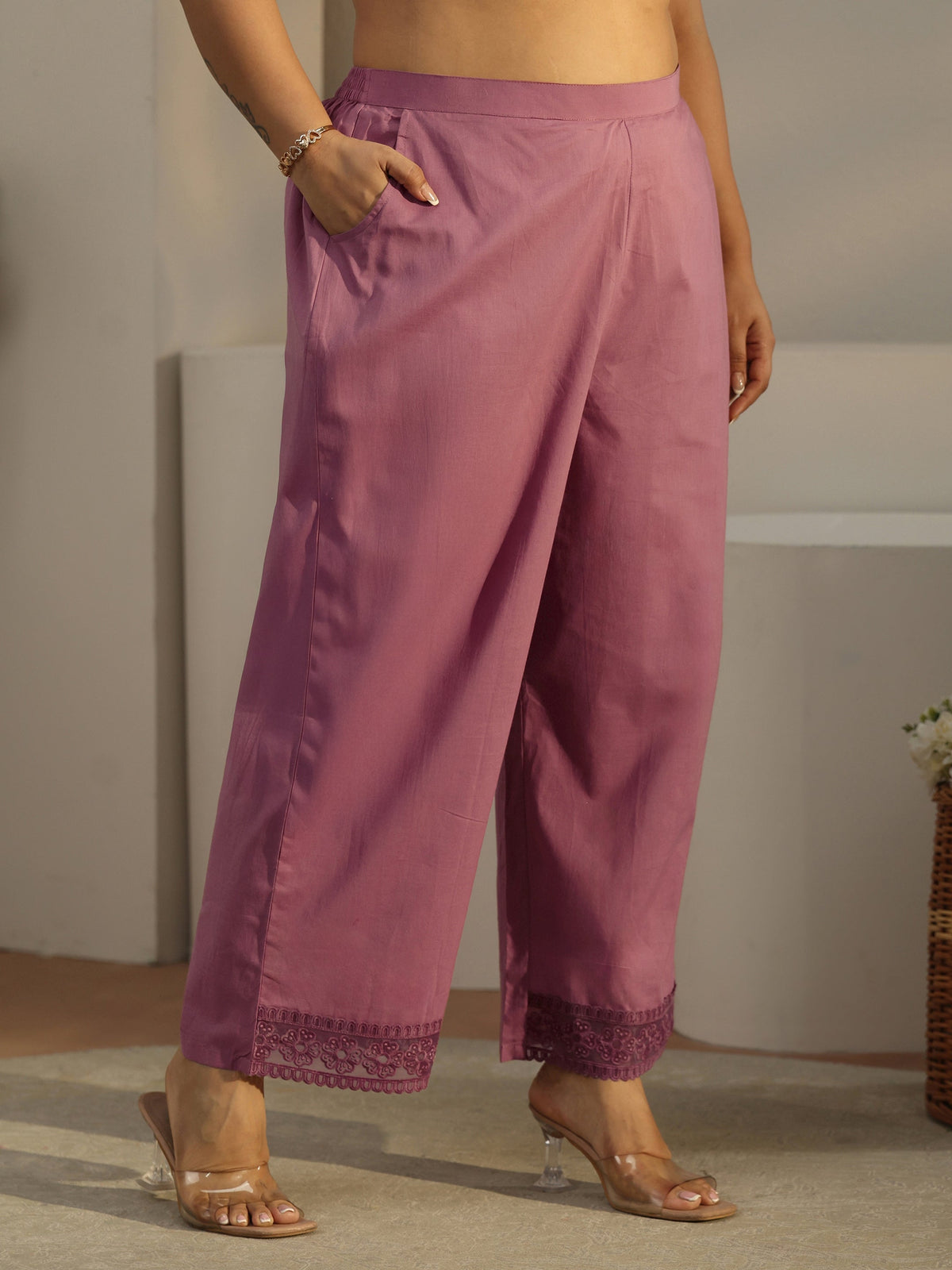Plus Size Mauve Printed Cotton Blend Straight Suit With Dupatta