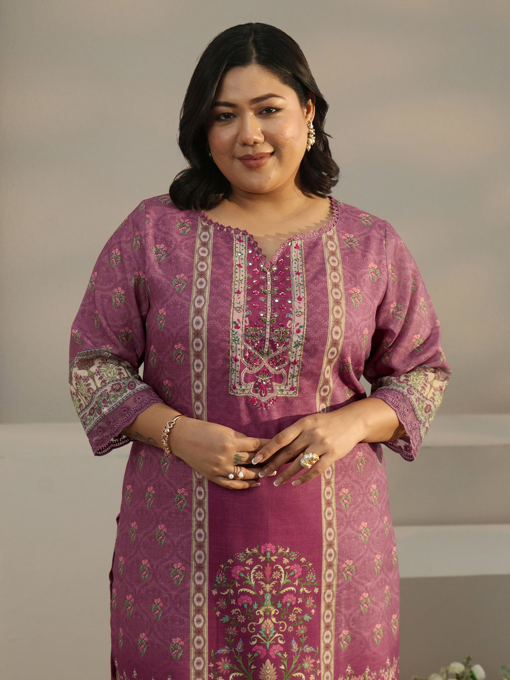Plus Size Mauve Printed Cotton Blend Straight Suit With Dupatta