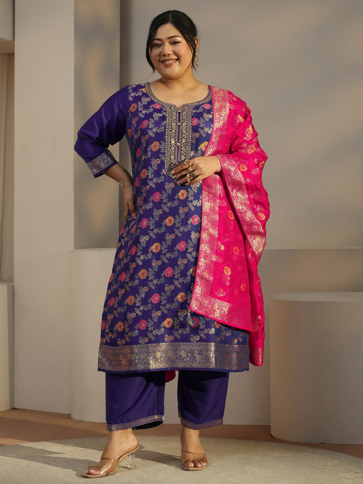 Plus Size Navy Blue Woven Design Silk Blend Straight Suit Set With Dupatta