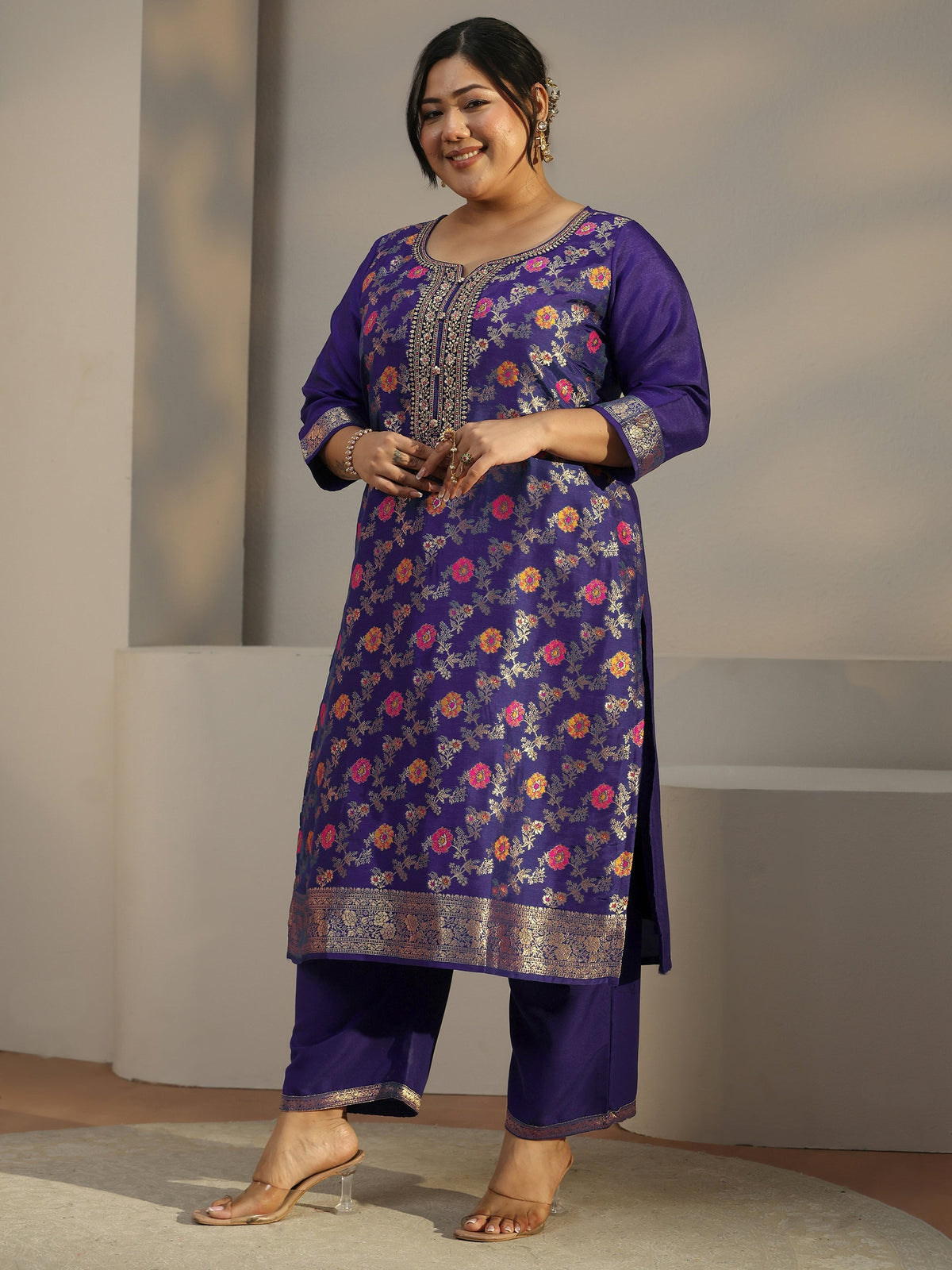 Plus Size Navy Blue Woven Design Silk Blend Straight Suit Set With Dupatta