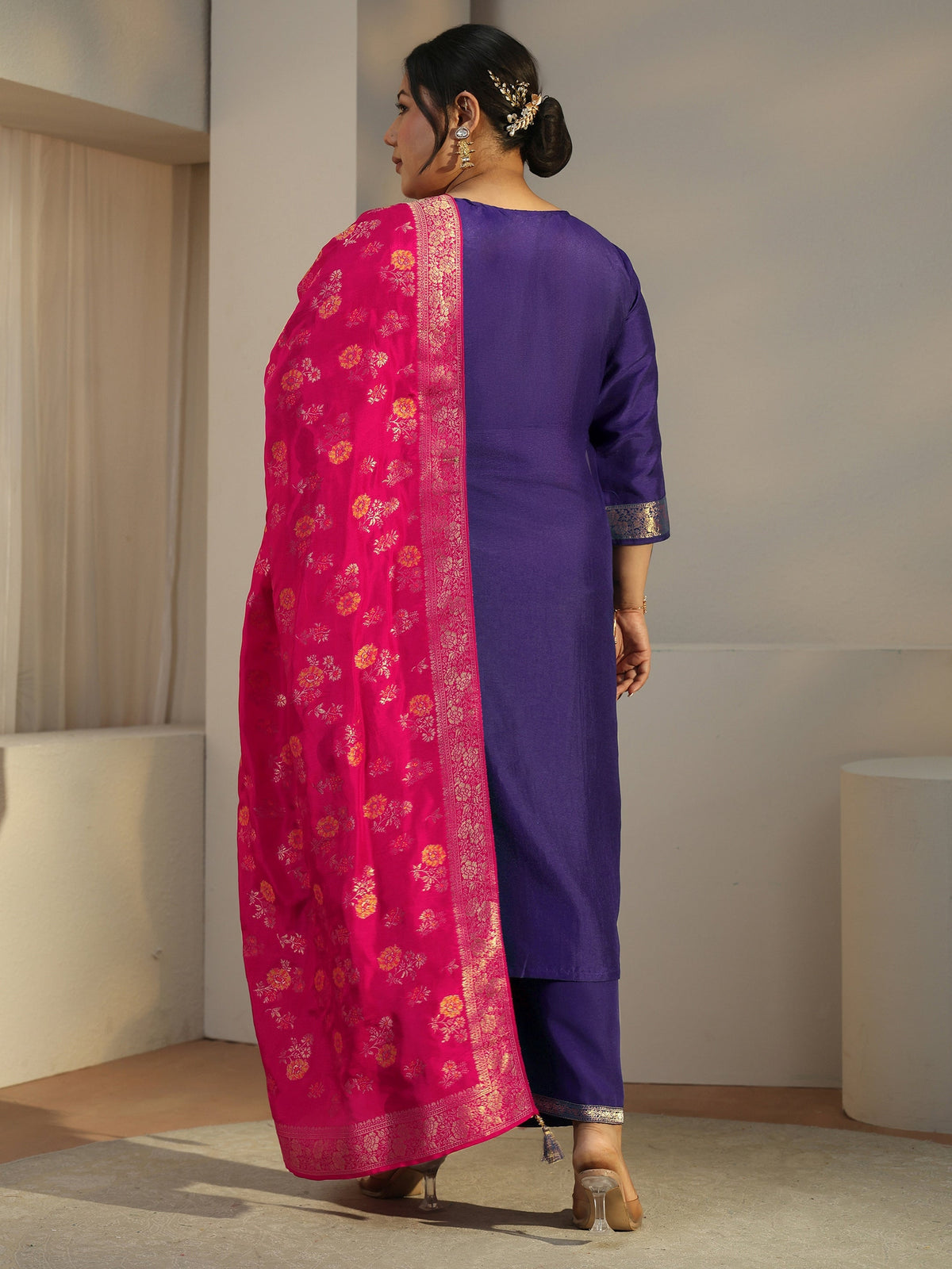 Plus Size Navy Blue Woven Design Silk Blend Straight Suit Set With Dupatta