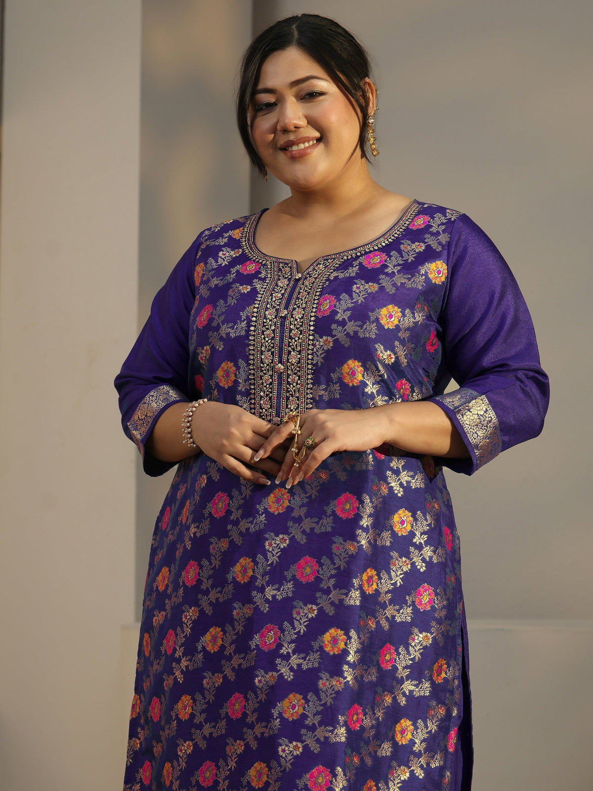 Plus Size Navy Blue Woven Design Silk Blend Straight Suit Set With Dupatta
