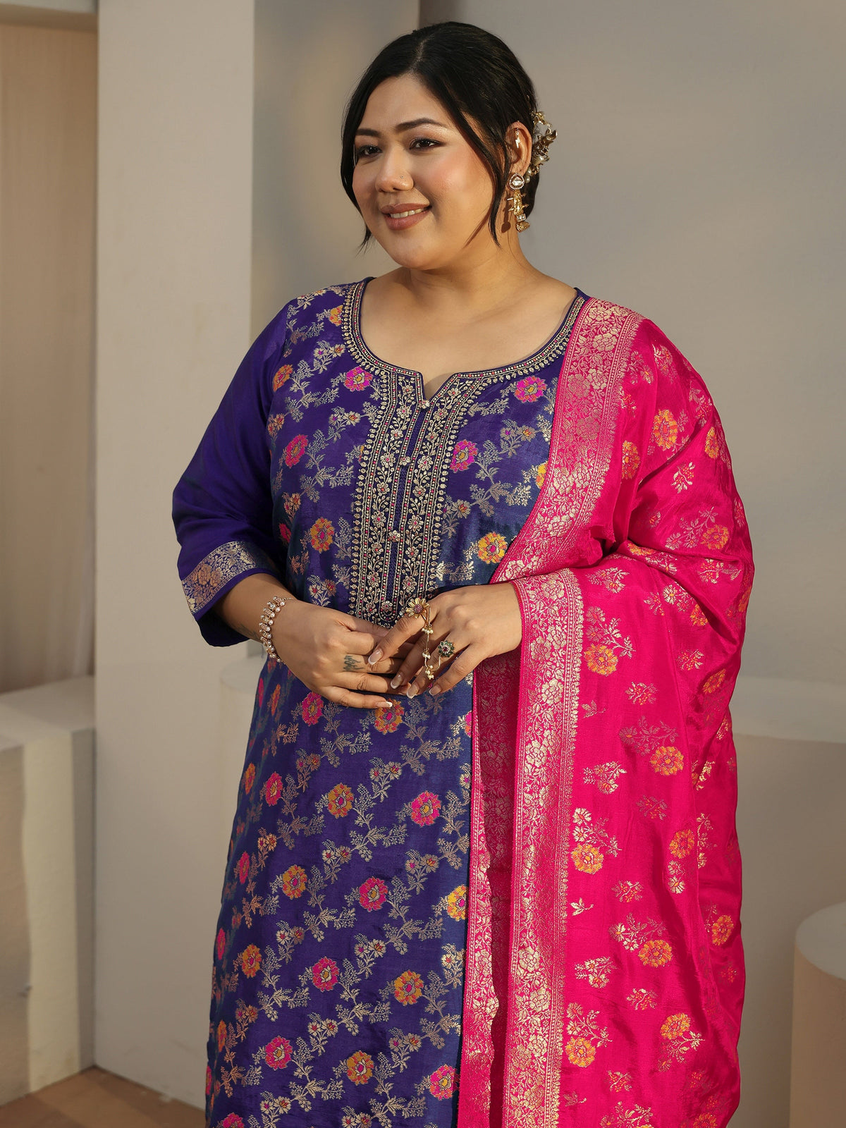 Plus Size Navy Blue Woven Design Silk Blend Straight Suit Set With Dupatta