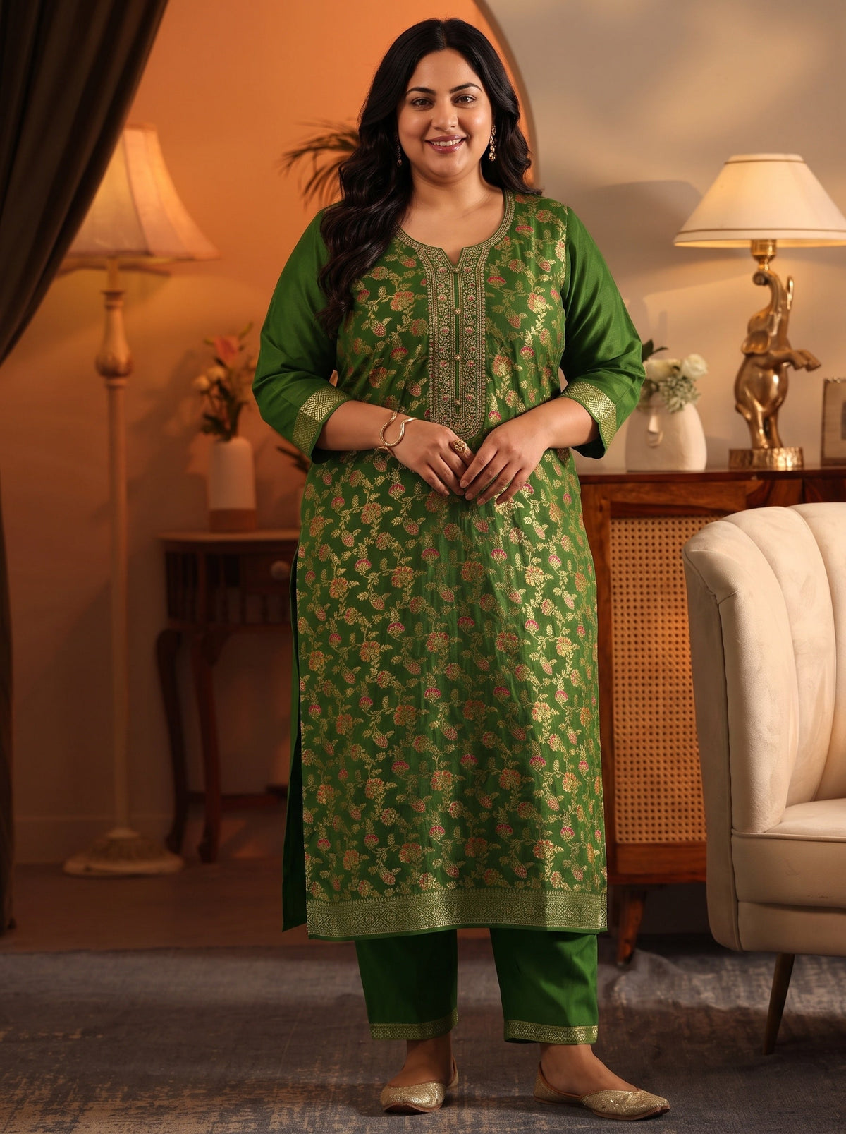 Plus Size Green Woven Design Silk Blend Straight Suit Set With Dupatta