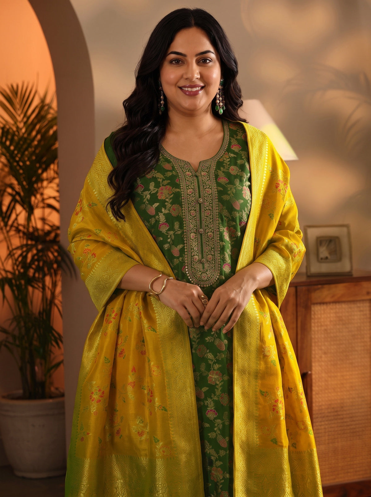 Plus Size Green Woven Design Silk Blend Straight Suit Set With Dupatta