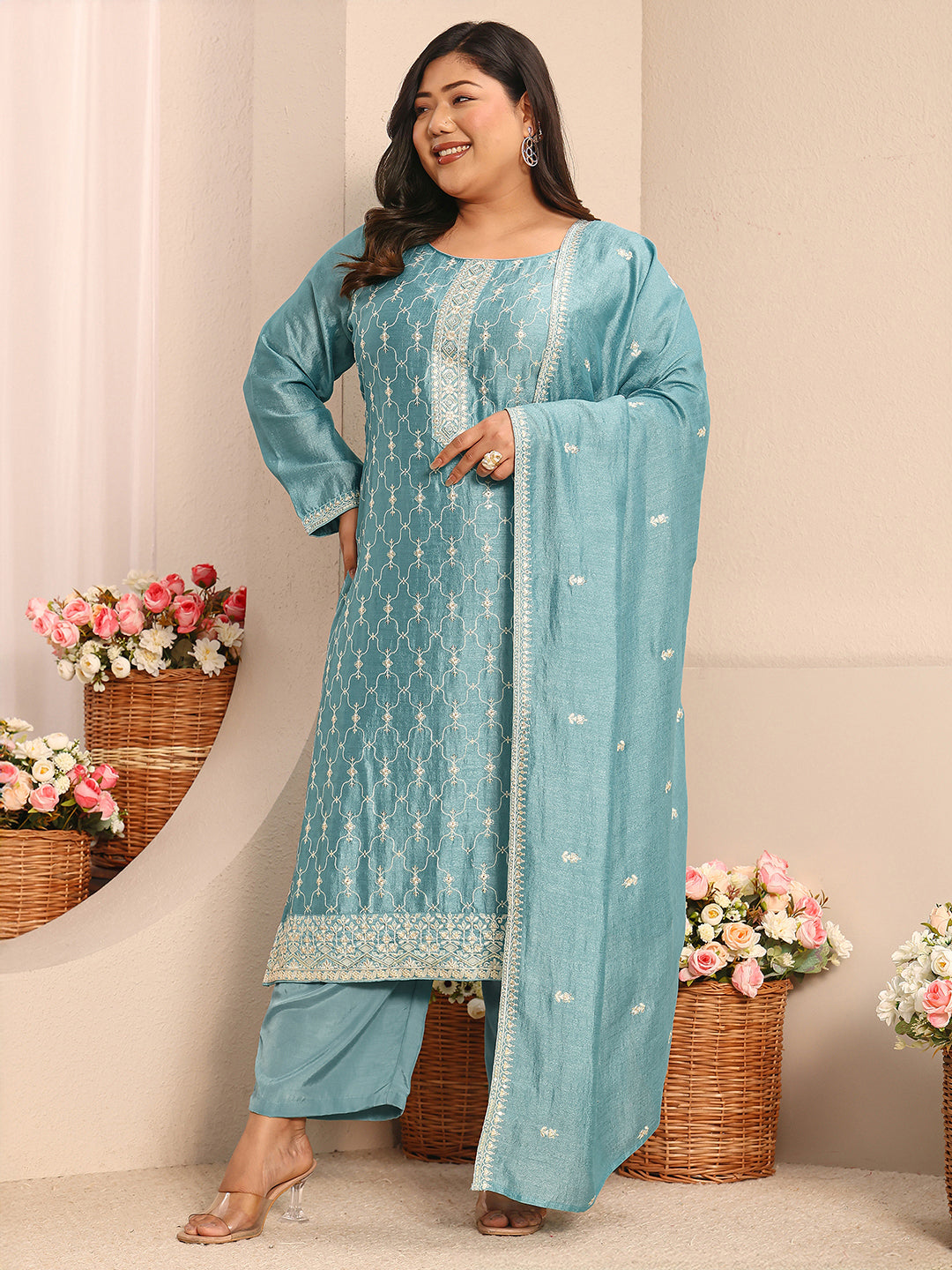 Plus Size Blue Embroidered Silk Blend Straight Suit Set With Dupatta
