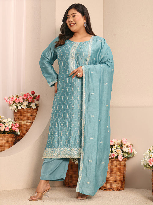 Plus Size Blue Embroidered Silk Blend Straight Suit Set With Dupatta