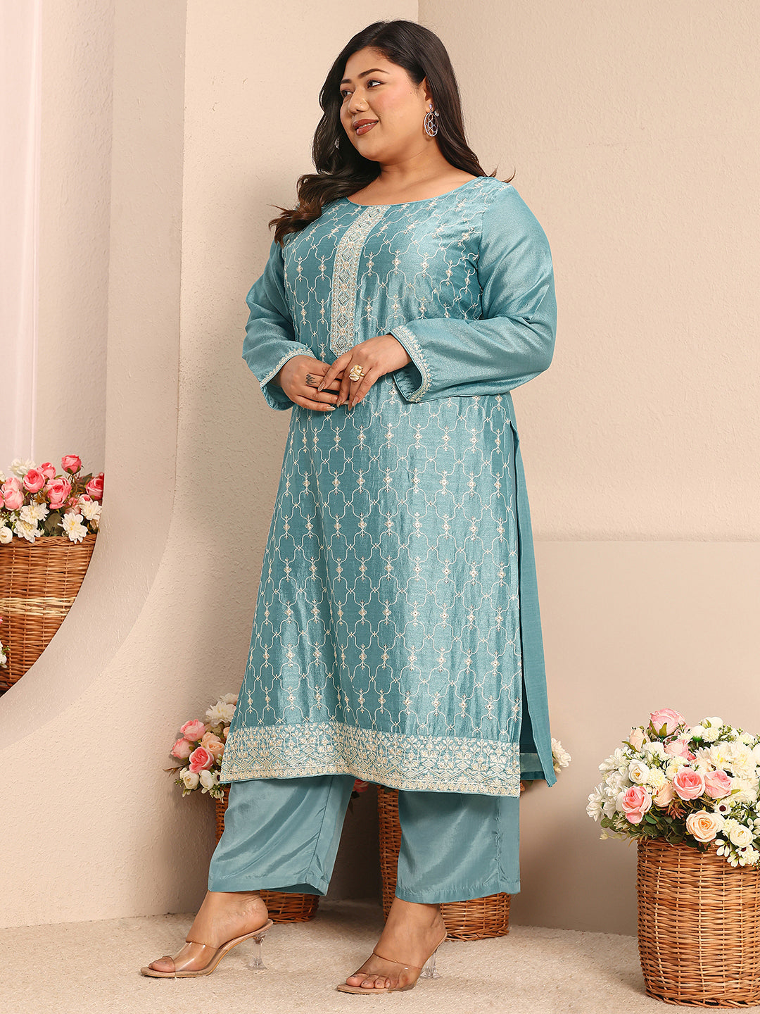 Plus Size Blue Embroidered Silk Blend Straight Suit Set With Dupatta
