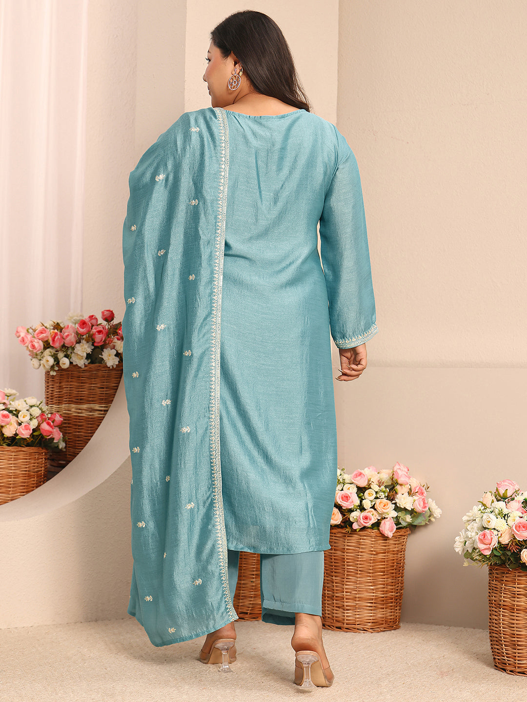 Plus Size Blue Embroidered Silk Blend Straight Suit Set With Dupatta