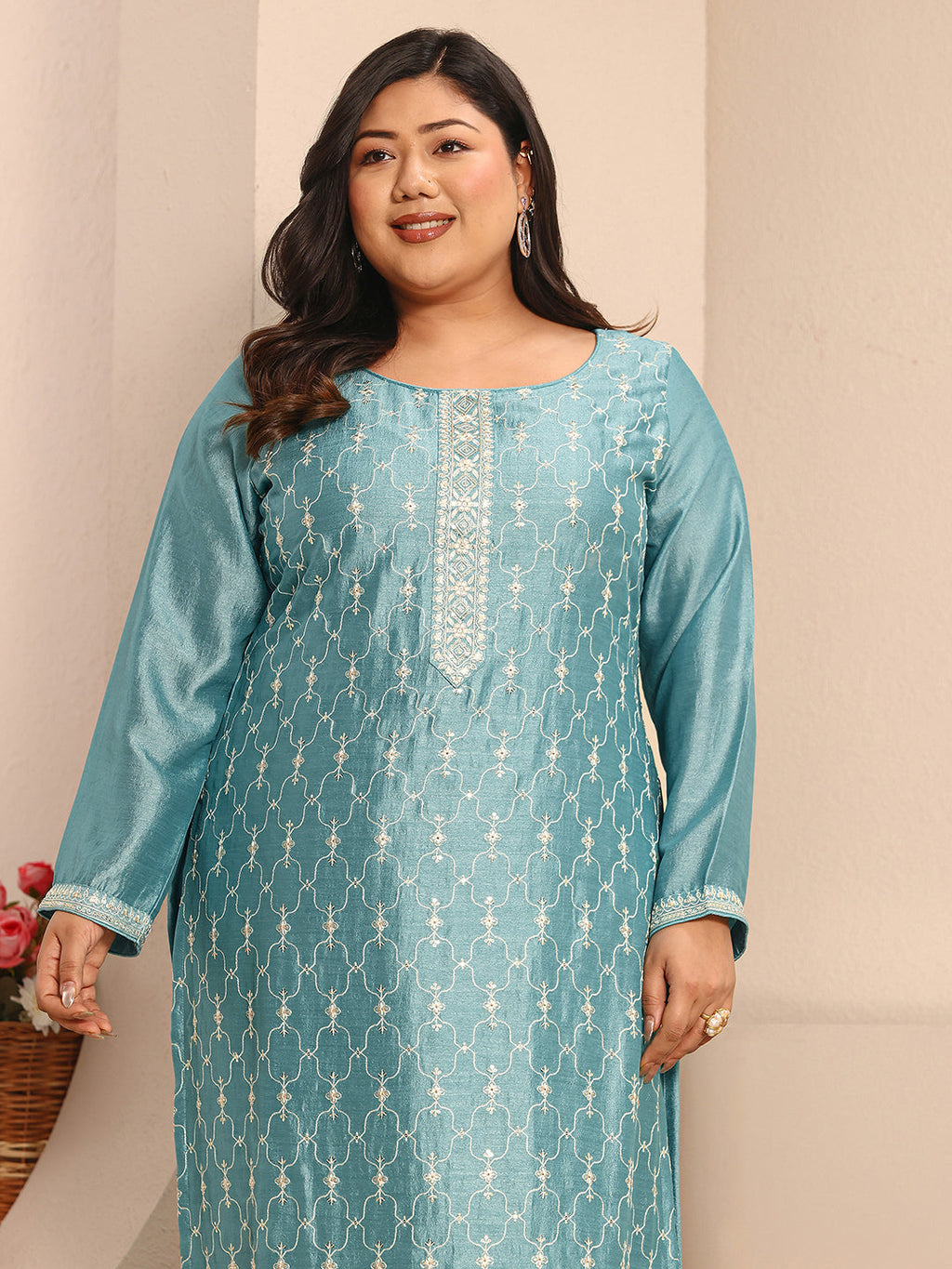 Plus Size Blue Embroidered Silk Blend Straight Suit Set With Dupatta