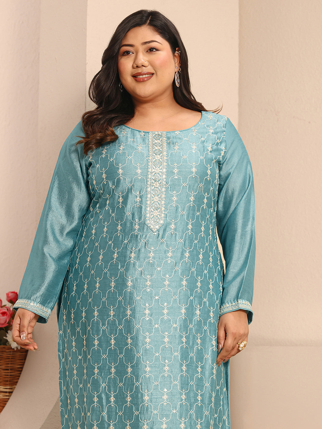 Plus Size Blue Embroidered Silk Blend Straight Suit Set With Dupatta