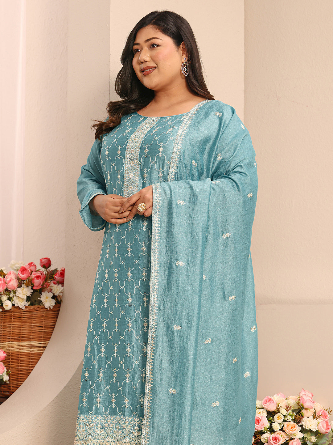 Plus Size Blue Embroidered Silk Blend Straight Suit Set With Dupatta
