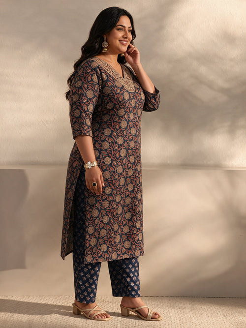 Plus Size Blue Floral Printed Cotton Blend Straight Suits Set With Dupatta
