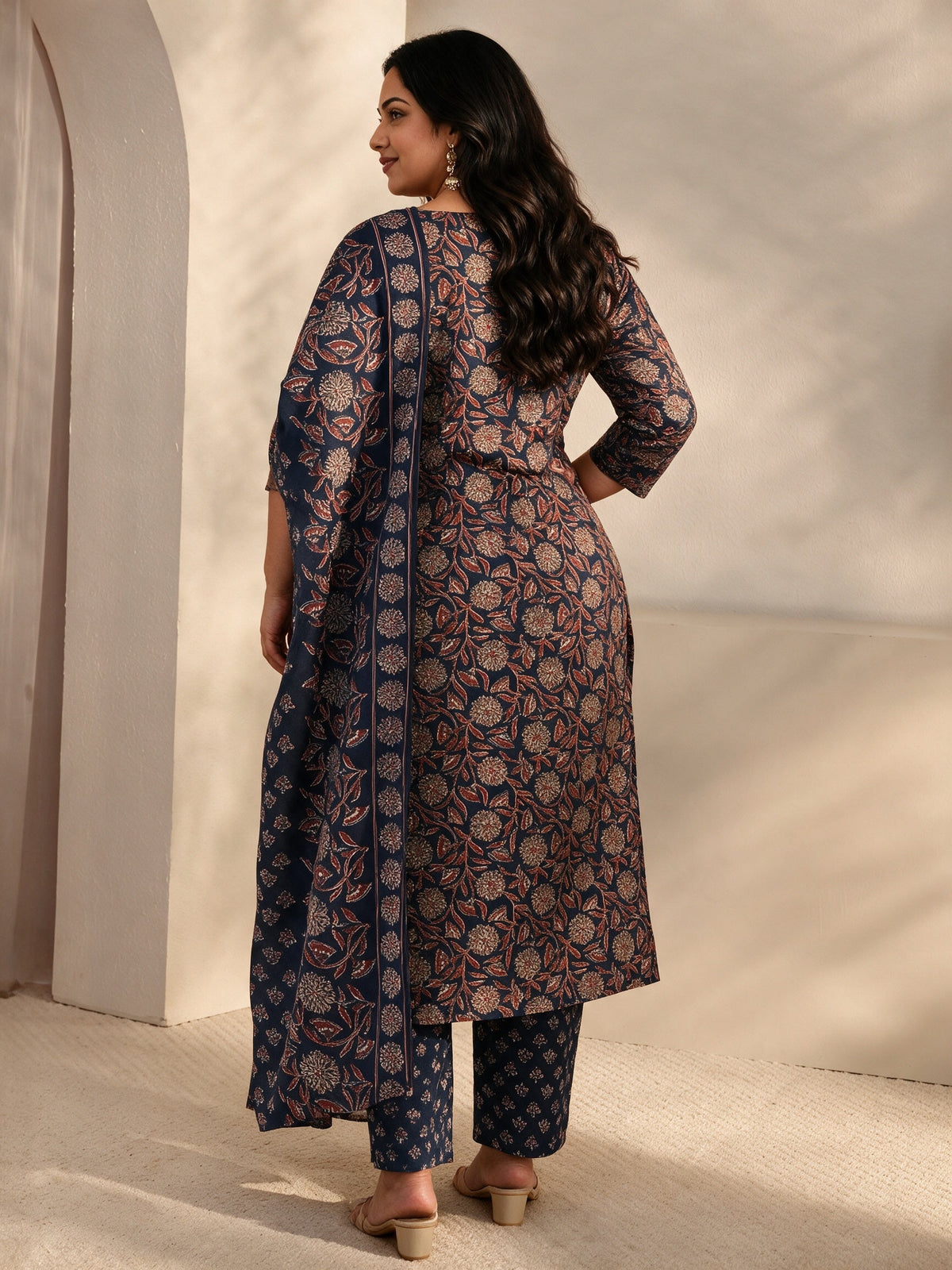 Plus Size Blue Floral Printed Cotton Blend Straight Suits Set With Dupatta