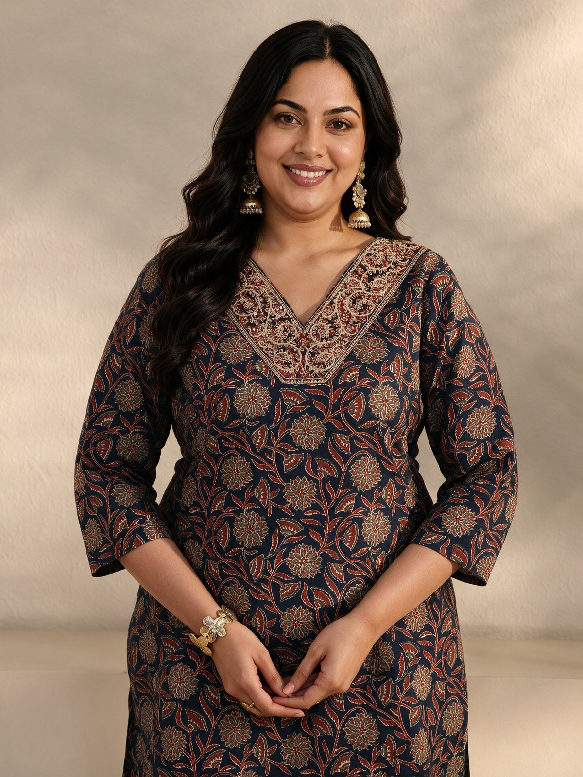 Plus Size Blue Floral Printed Cotton Blend Straight Suits Set With Dupatta