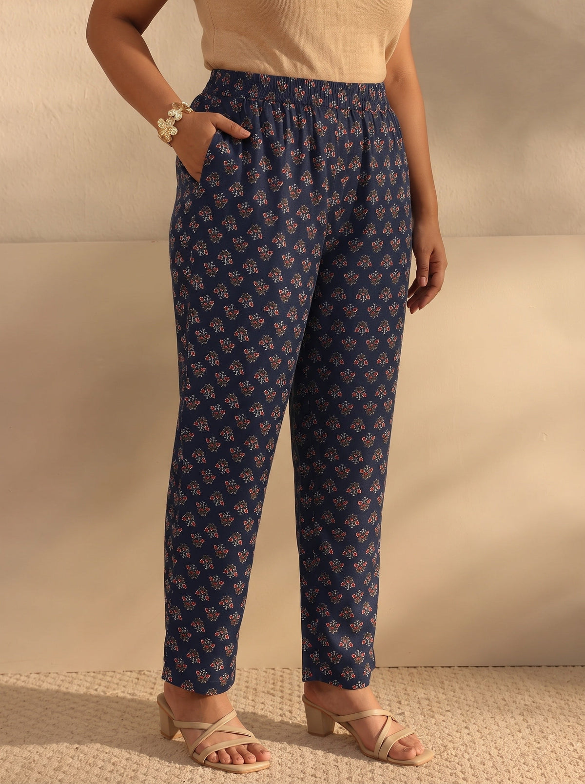 Plus Size Blue Floral Printed Cotton Blend Straight Suits Set With Dupatta