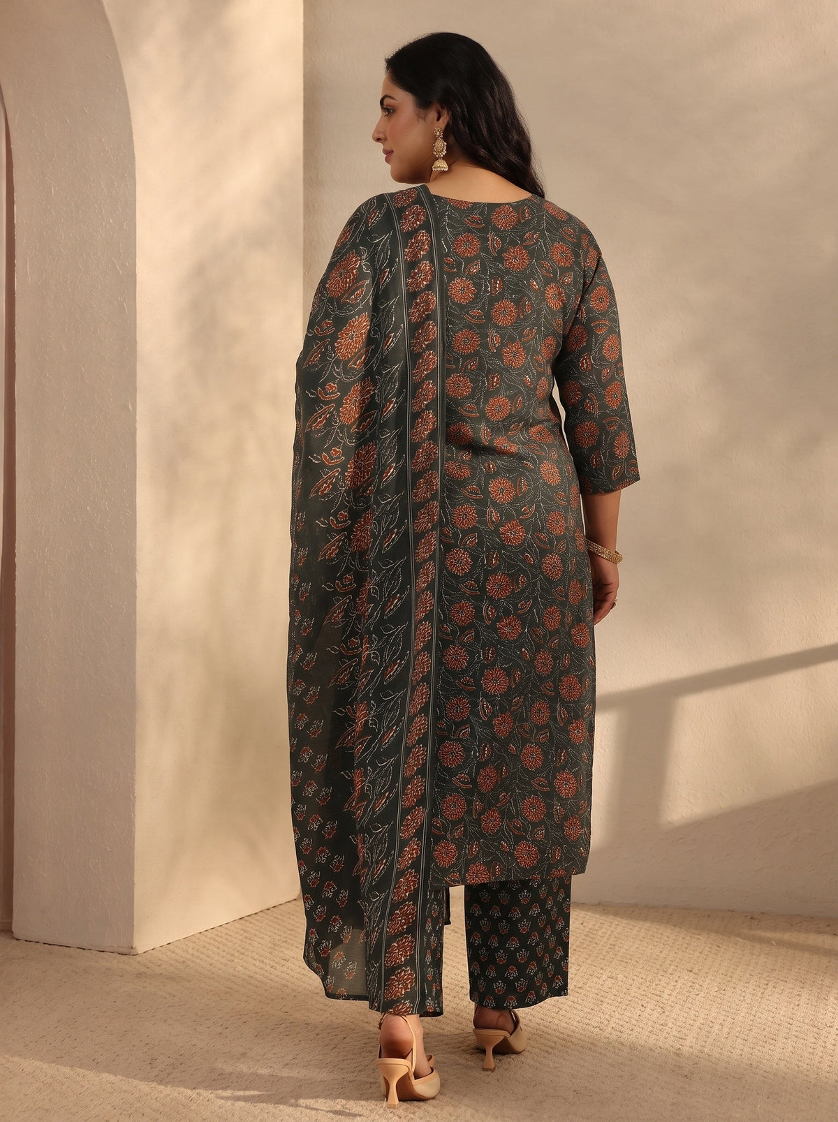 Plus Size Green Floral Printed Cotton Blend Straight Suits Set With Dupatta