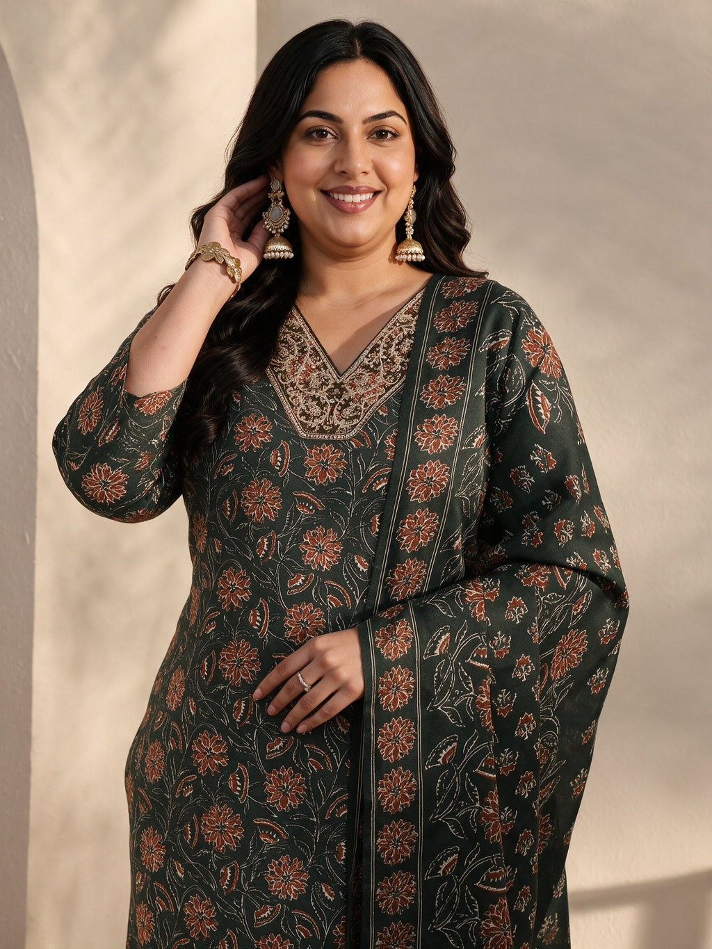 Plus Size Green Floral Printed Cotton Blend Straight Suits Set With Dupatta
