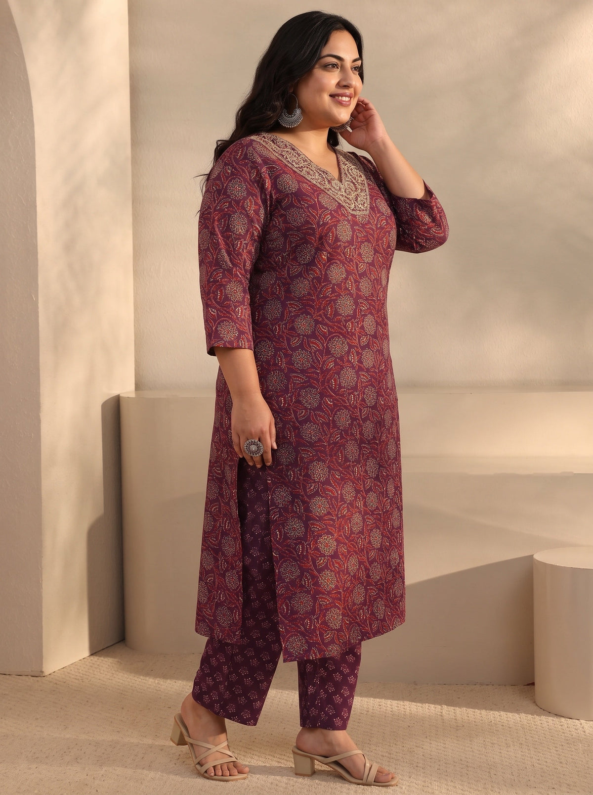 Plus Size Maroon Floral Printed Cotton Blend Straight Suits Set With Dupatta
