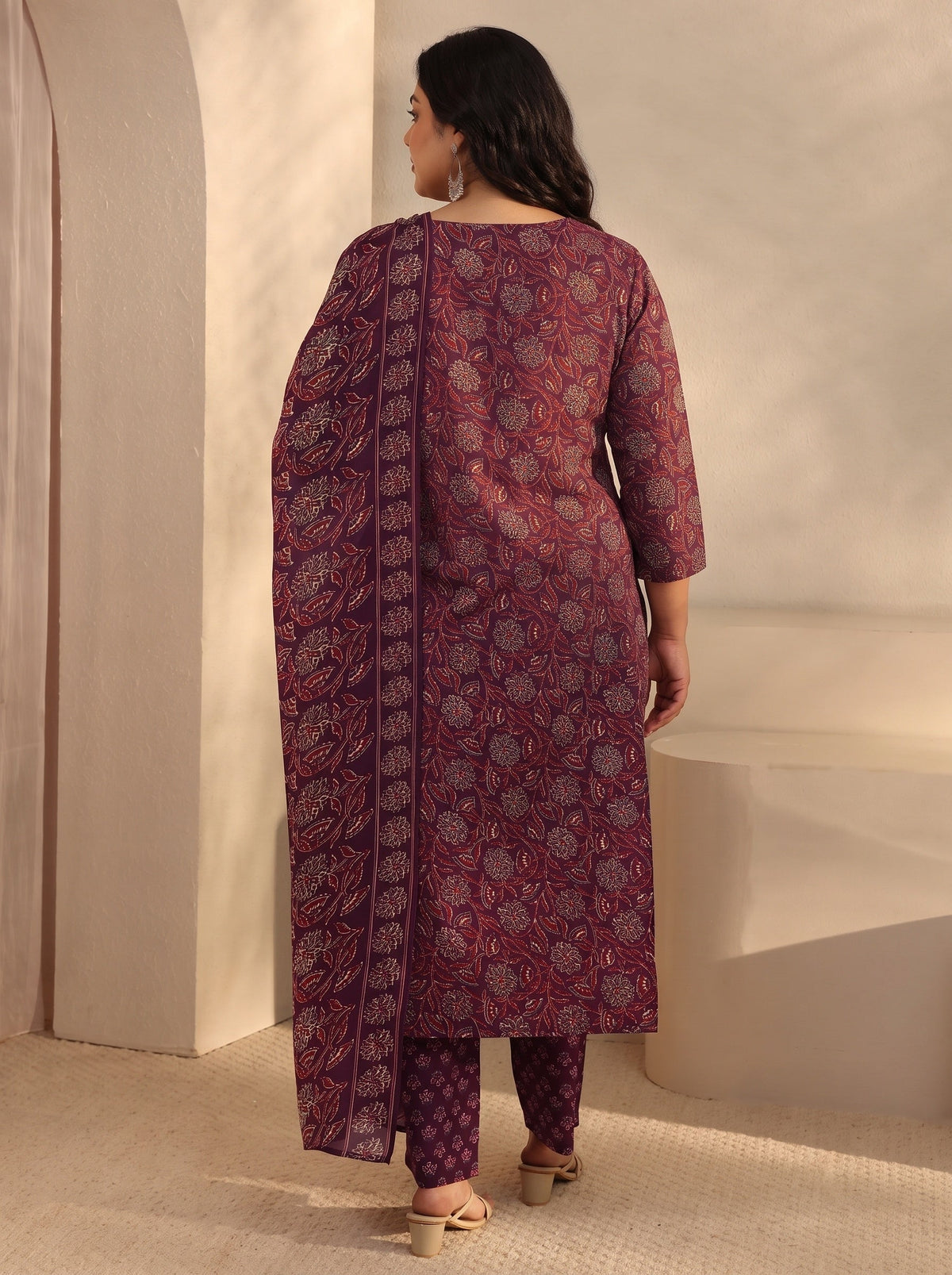 Plus Size Maroon Floral Printed Cotton Blend Straight Suits Set With Dupatta
