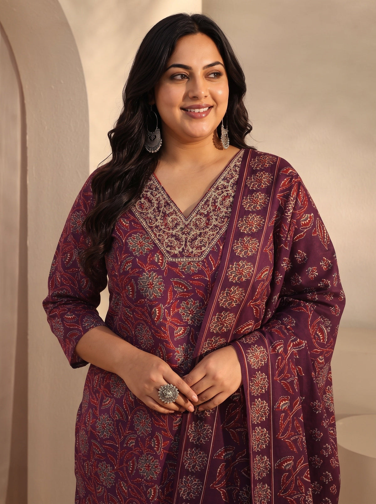 Plus Size Maroon Floral Printed Cotton Blend Straight Suits Set With Dupatta