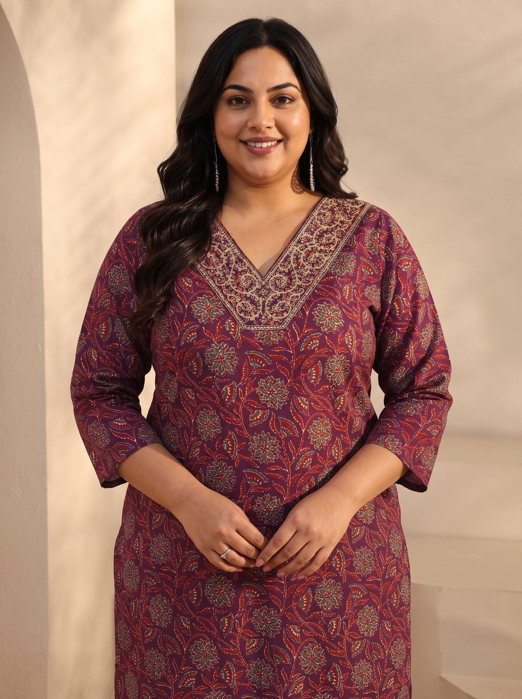 Plus Size Maroon Floral Printed Cotton Blend Straight Suits Set With Dupatta